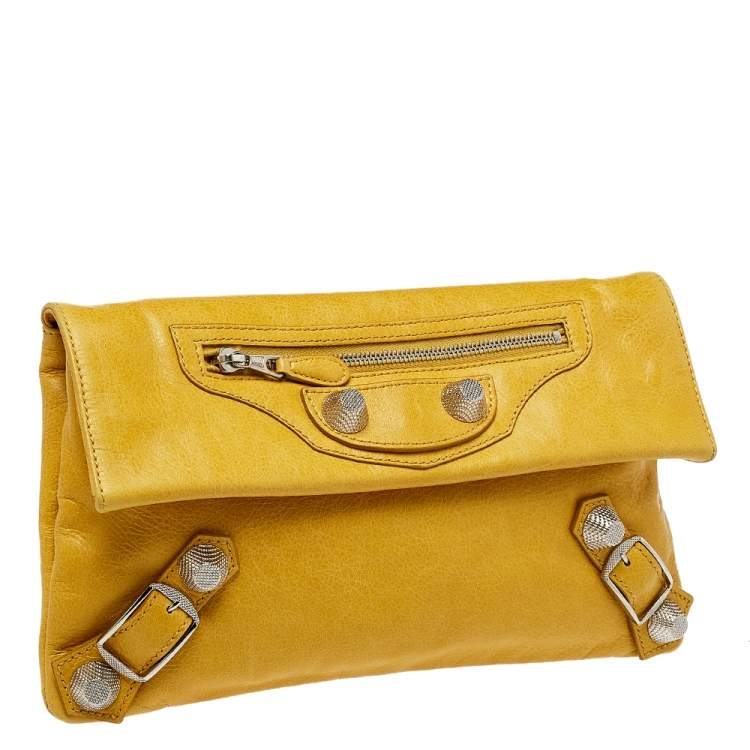 Pre Owned Balenciaga Yellow Leather Motocross Giant 21 Envelope Clutch
