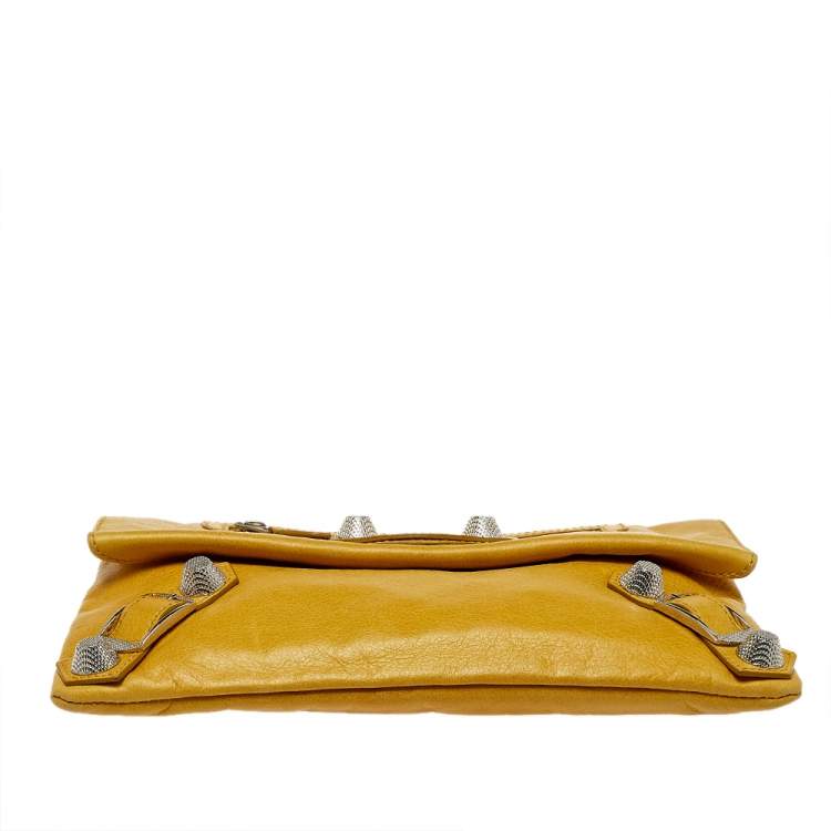 Pre Owned Balenciaga Yellow Leather Motocross Giant 21 Envelope Clutch