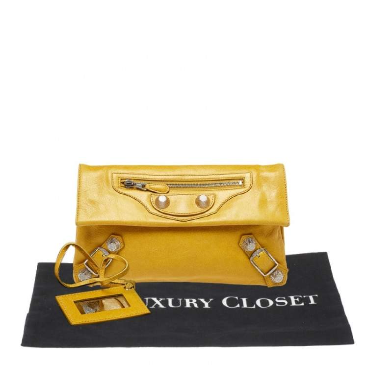 Pre Owned Balenciaga Yellow Leather Motocross Giant 21 Envelope Clutch