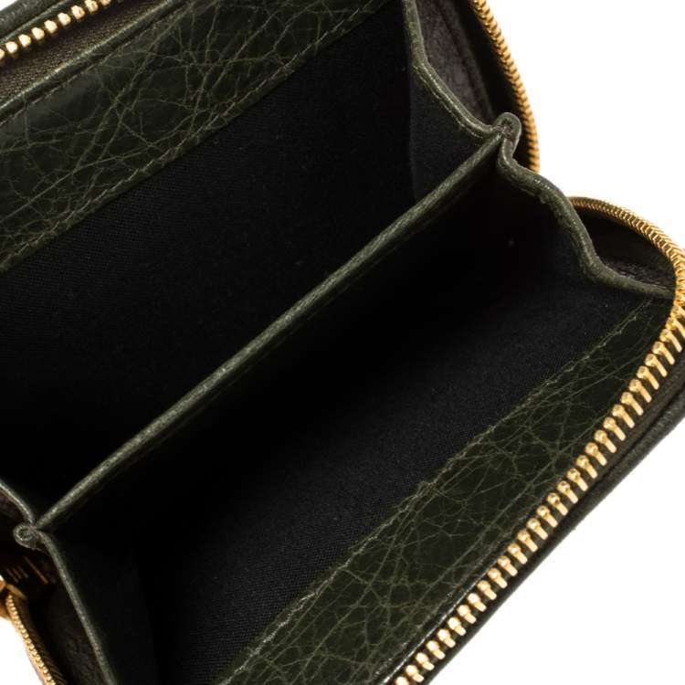 Pre Owned Balenciaga Green Leather Zip Around Compact Wallet