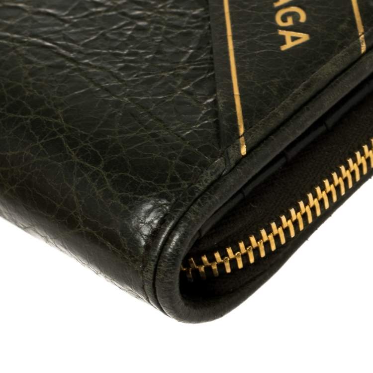 Pre Owned Balenciaga Green Leather Zip Around Compact Wallet