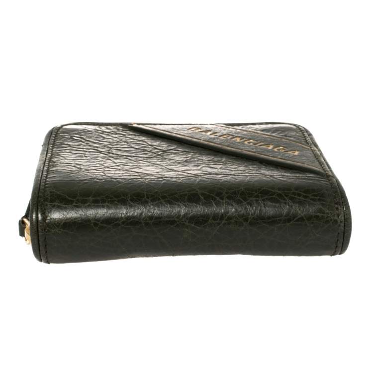 Pre Owned Balenciaga Green Leather Zip Around Compact Wallet