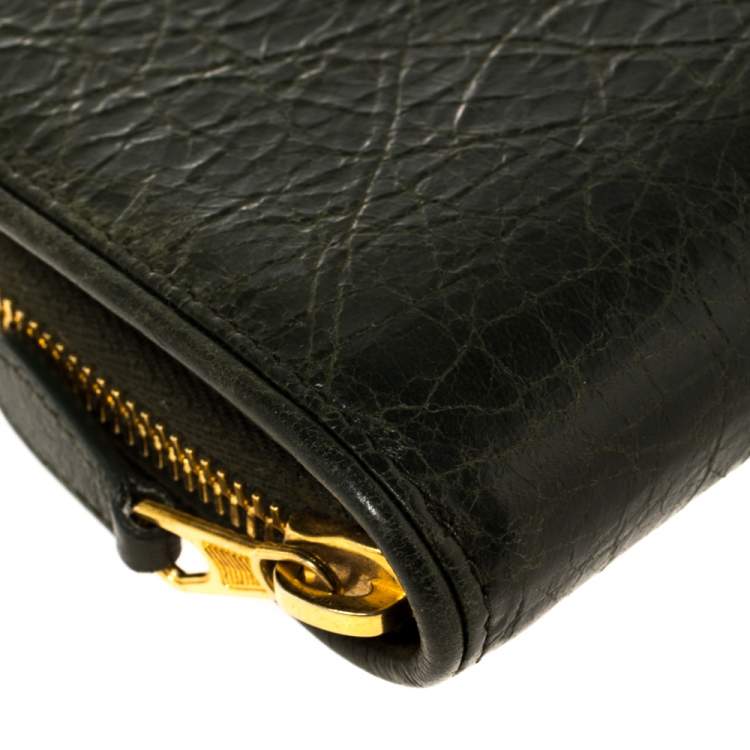 Pre Owned Balenciaga Green Leather Zip Around Compact Wallet
