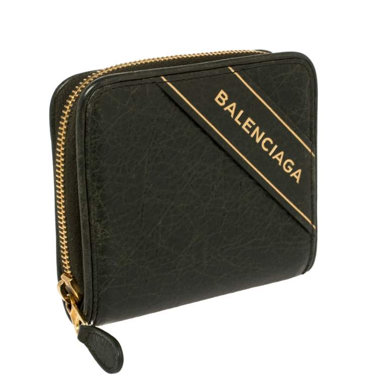 Pre Owned Balenciaga Green Leather Zip Around Compact Wallet