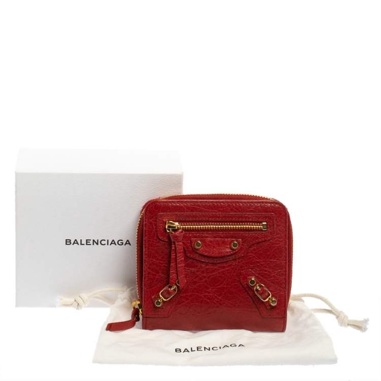 Pre Owned Balenciaga Rouge Groseille Leather Zip Around Compact Wallet