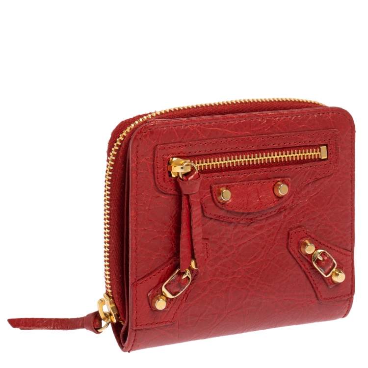 Pre Owned Balenciaga Rouge Groseille Leather Zip Around Compact Wallet