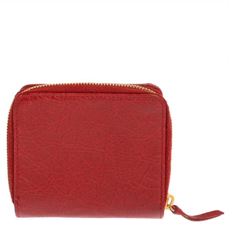 Pre Owned Balenciaga Rouge Groseille Leather Zip Around Compact Wallet