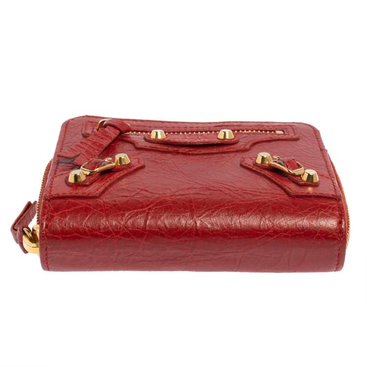 Pre Owned Balenciaga Rouge Groseille Leather Zip Around Compact Wallet