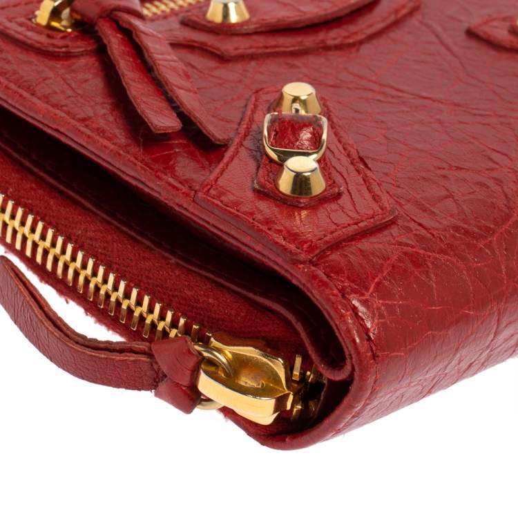 Pre Owned Balenciaga Rouge Groseille Leather Zip Around Compact Wallet