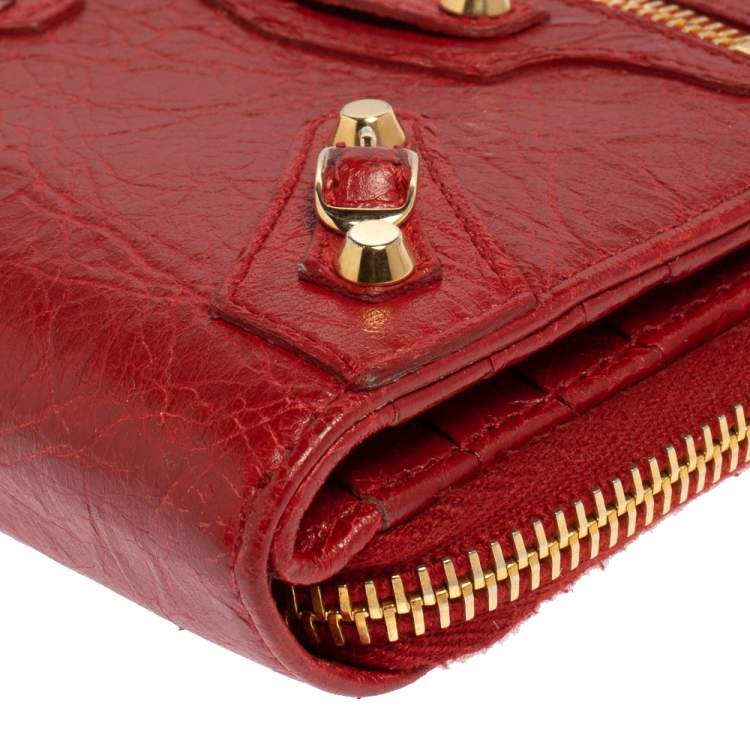 Pre Owned Balenciaga Rouge Groseille Leather Zip Around Compact Wallet