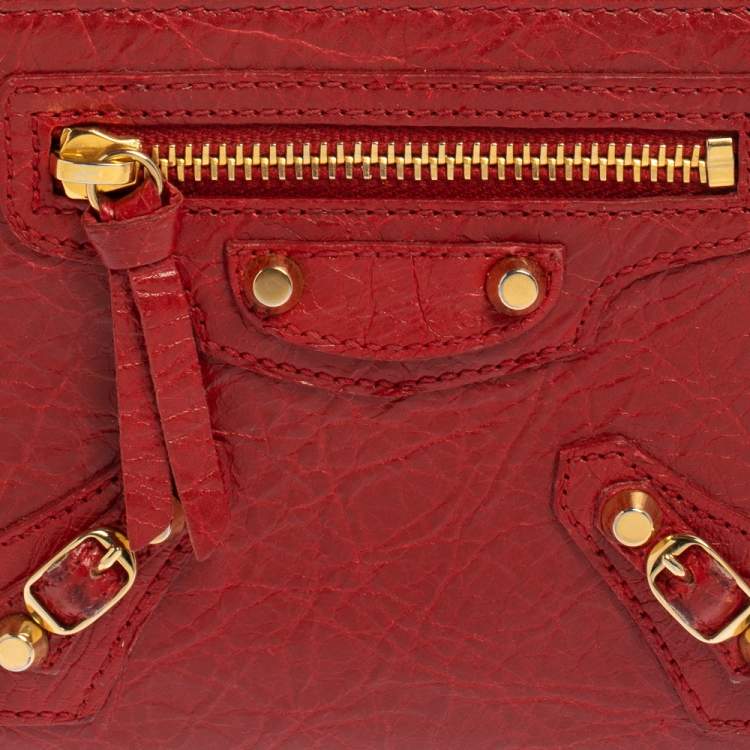 Pre Owned Balenciaga Rouge Groseille Leather Zip Around Compact Wallet