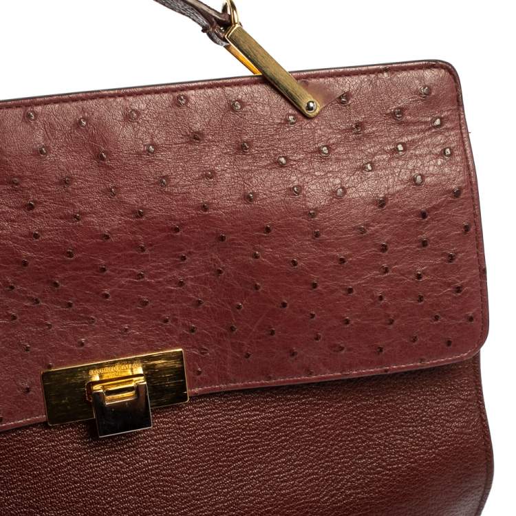 Pre Owned Balenciaga Maroon Leather and Ostrich Le Dix Cartable Top Handle Bag