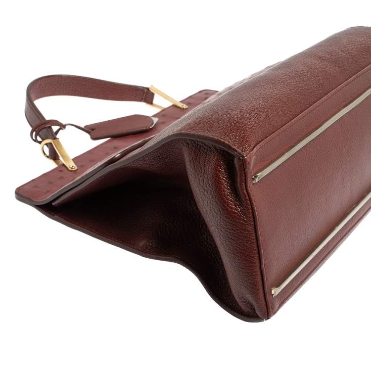 Pre Owned Balenciaga Maroon Leather and Ostrich Le Dix Cartable Top Handle Bag