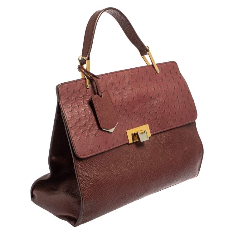 Pre Owned Balenciaga Maroon Leather and Ostrich Le Dix Cartable Top Handle Bag