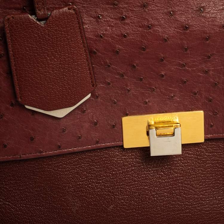 Pre Owned Balenciaga Maroon Leather and Ostrich Le Dix Cartable Top Handle Bag