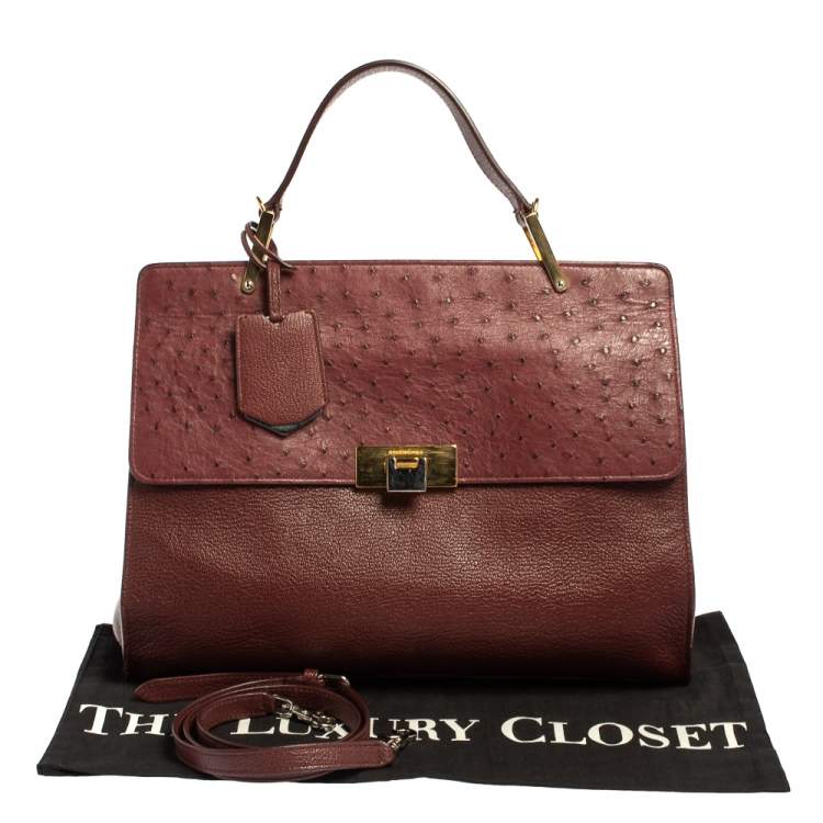 Pre Owned Balenciaga Maroon Leather and Ostrich Le Dix Cartable Top Handle Bag