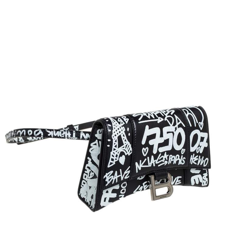 Pre Owned Balenciaga Black Leather Graffiti Hourglass Belt Bag