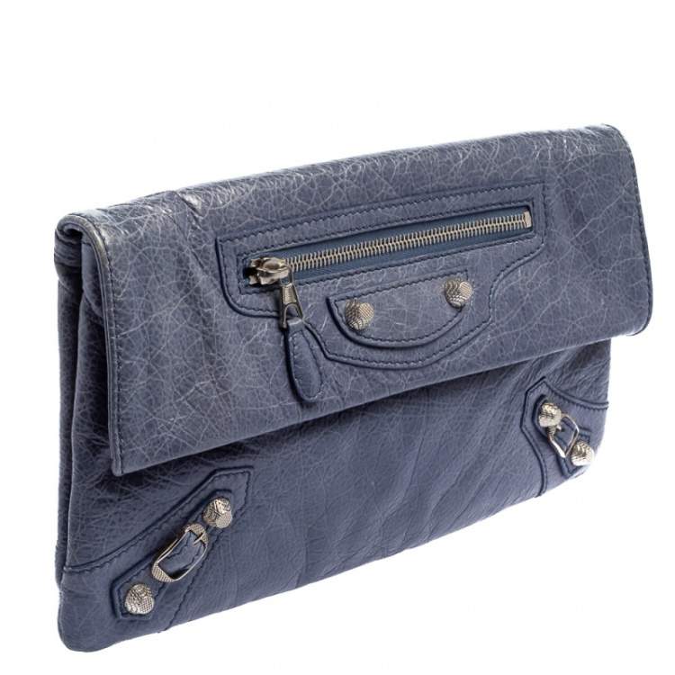 Pre Owned Balenciaga Bleu Glacier Leather Motocross SH Envelope Clutch