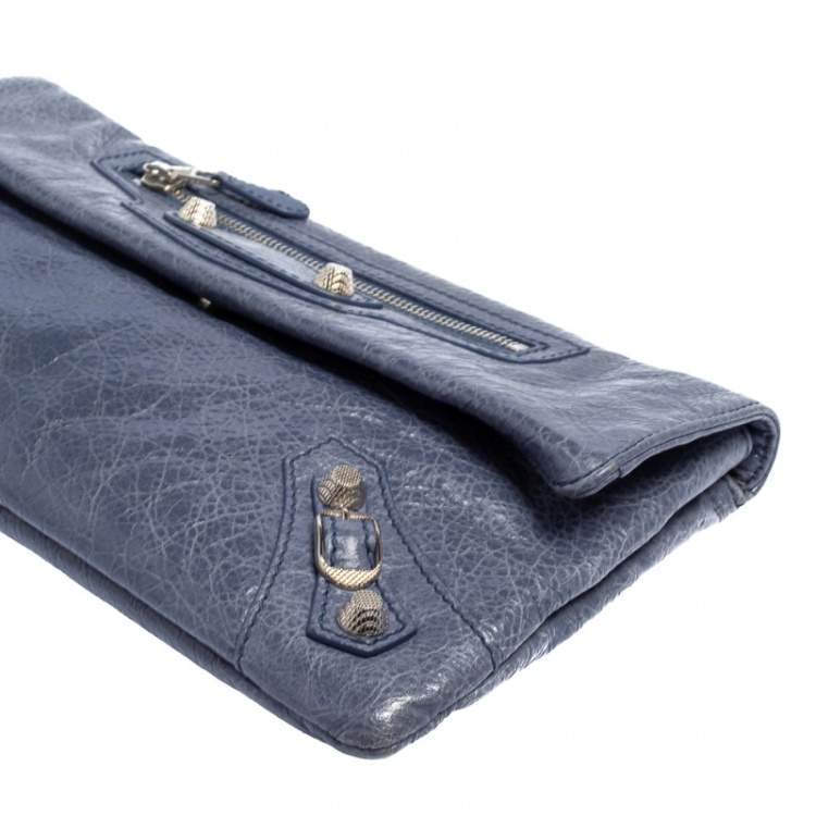 Pre Owned Balenciaga Bleu Glacier Leather Motocross SH Envelope Clutch