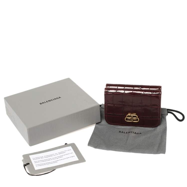 Pre Owned Balenciaga Burgundy Croc Embossed Leather Mini BB Wallet