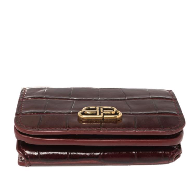 Pre Owned Balenciaga Burgundy Croc Embossed Leather Mini BB Wallet
