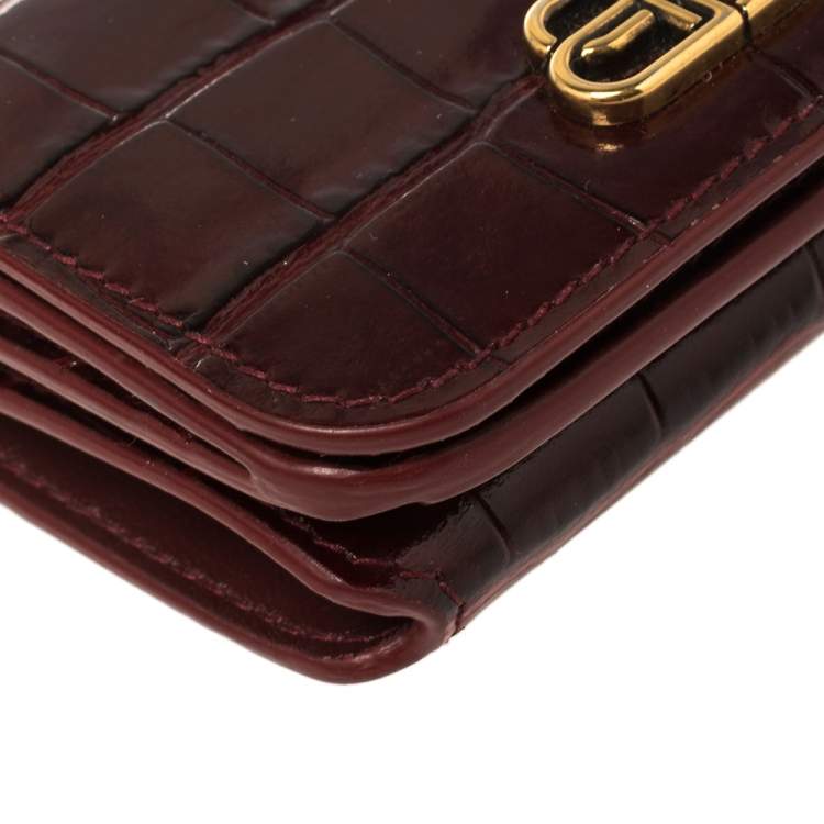 Pre Owned Balenciaga Burgundy Croc Embossed Leather Mini BB Wallet