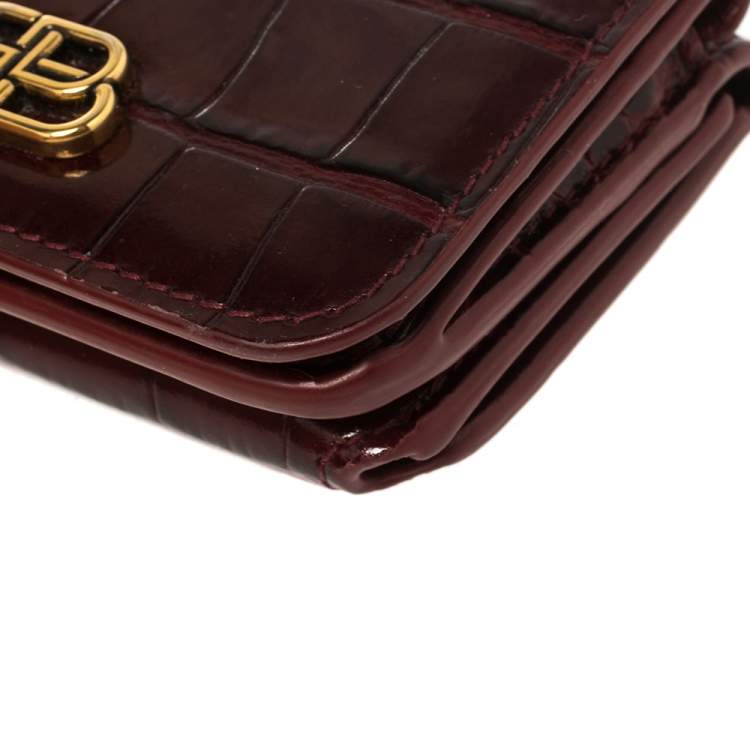 Pre Owned Balenciaga Burgundy Croc Embossed Leather Mini BB Wallet