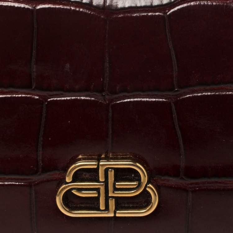 Pre Owned Balenciaga Burgundy Croc Embossed Leather Mini BB Wallet