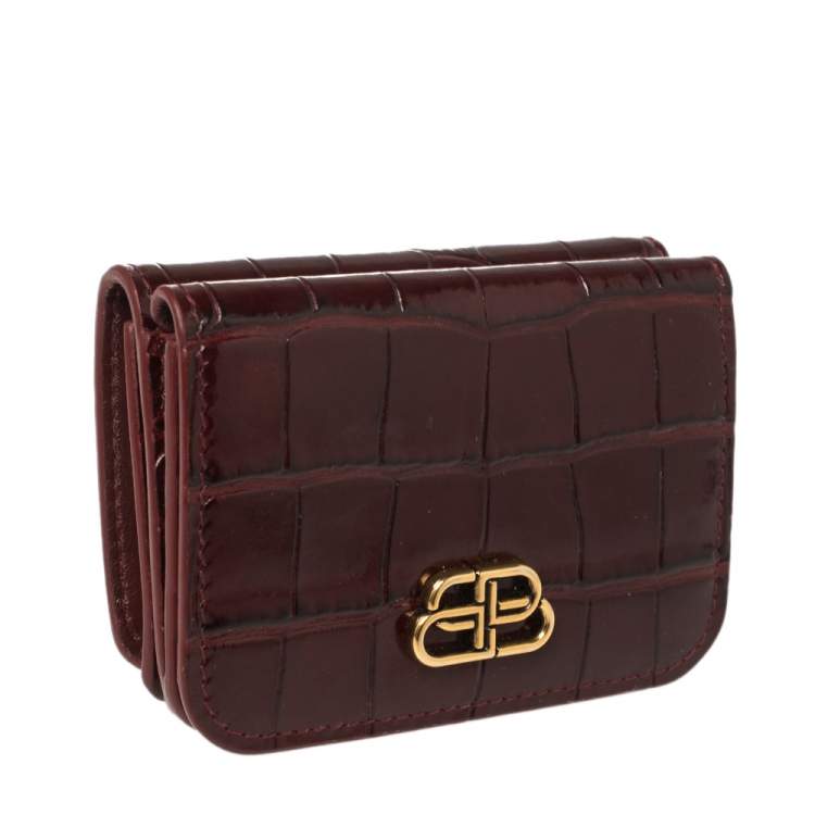 Pre Owned Balenciaga Burgundy Croc Embossed Leather Mini BB Wallet