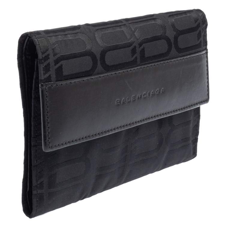 Pre Owned Balenciaga Black Monogram Nylon and Leather Trifold Wallet