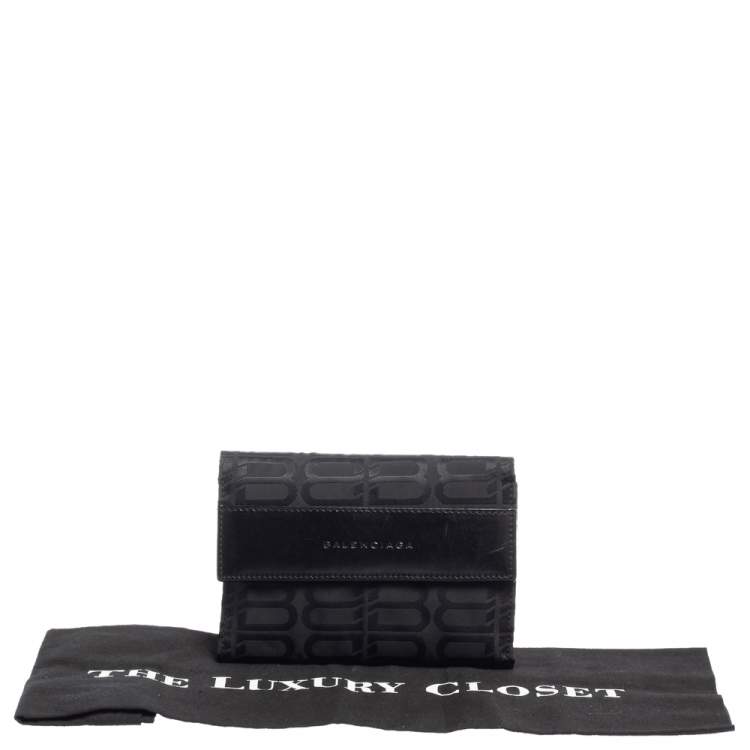 Pre Owned Balenciaga Black Monogram Nylon and Leather Trifold Wallet