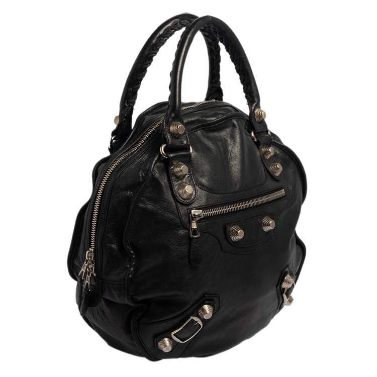 Pre Owned Balenciaga Black Lambskin Leather Giant 12 Gold Motocross Sphere Hobo