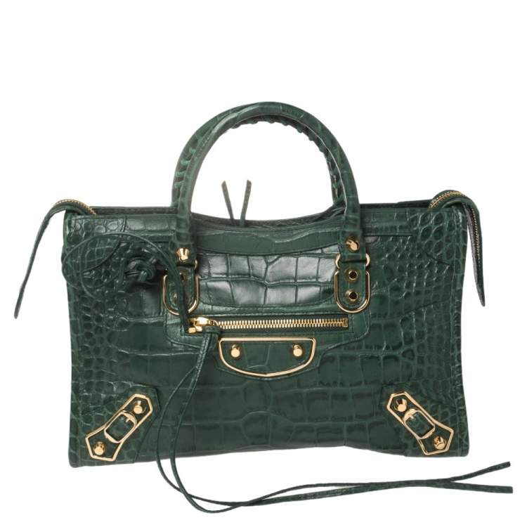 Balenciaga Green Croc Embossed Leather Small Metallic Edge City Bag  Balenciaga | The Luxury Closet