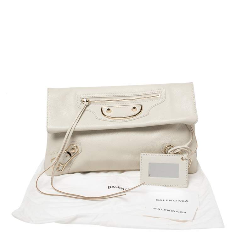 Pre Owned Balenciaga White Leather Metallic Edge Envelope Clutch