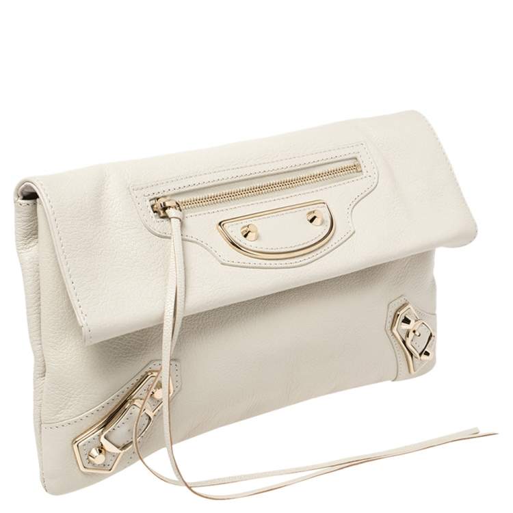 Pre Owned Balenciaga White Leather Metallic Edge Envelope Clutch