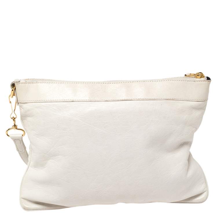 Pre Owned Balenciaga White Lambskin Leather Giant Gold Flat Clutch Bag