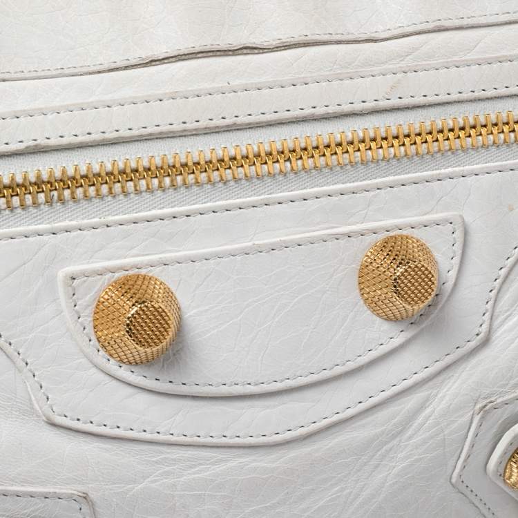 Pre Owned Balenciaga White Lambskin Leather Giant Gold Flat Clutch Bag
