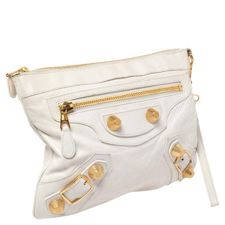Pre Owned Balenciaga White Lambskin Leather Giant Gold Flat Clutch Bag