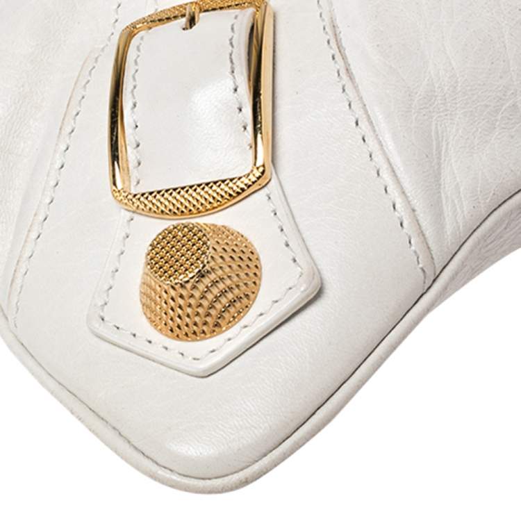Pre Owned Balenciaga White Lambskin Leather Giant Gold Flat Clutch Bag