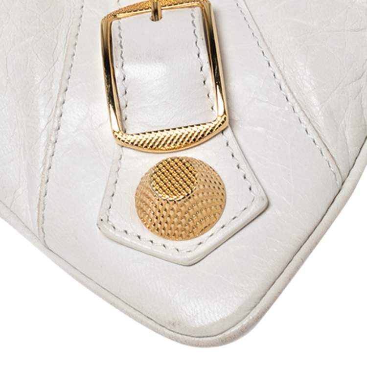 Pre Owned Balenciaga White Lambskin Leather Giant Gold Flat Clutch Bag