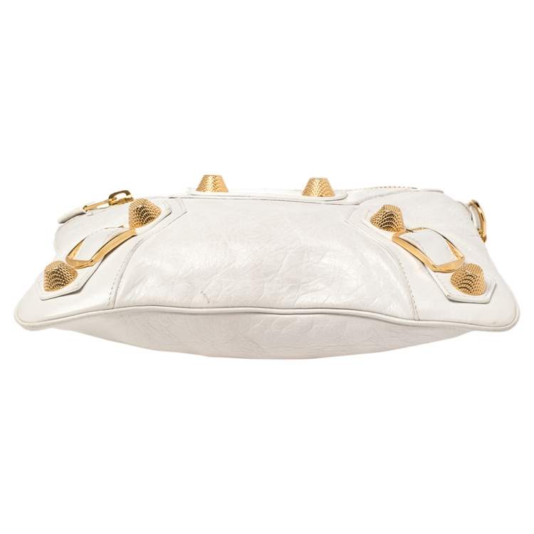 Pre Owned Balenciaga White Lambskin Leather Giant Gold Flat Clutch Bag