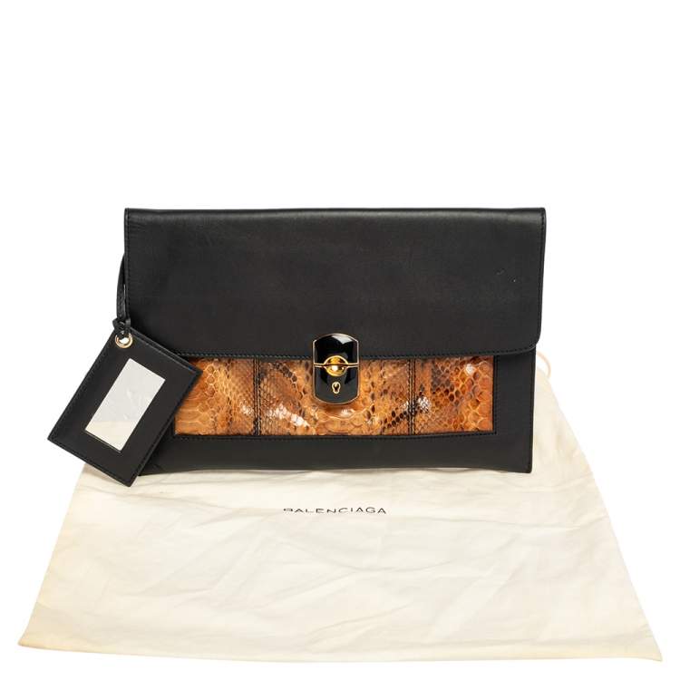 Pre Owned Balenciaga Black/Beige Leather and Python Flap Clutch