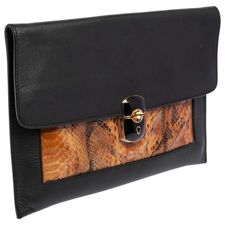 Pre Owned Balenciaga Black/Beige Leather and Python Flap Clutch