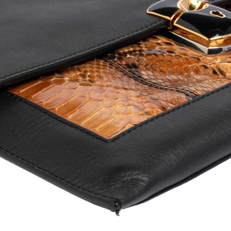 Pre Owned Balenciaga Black/Beige Leather and Python Flap Clutch
