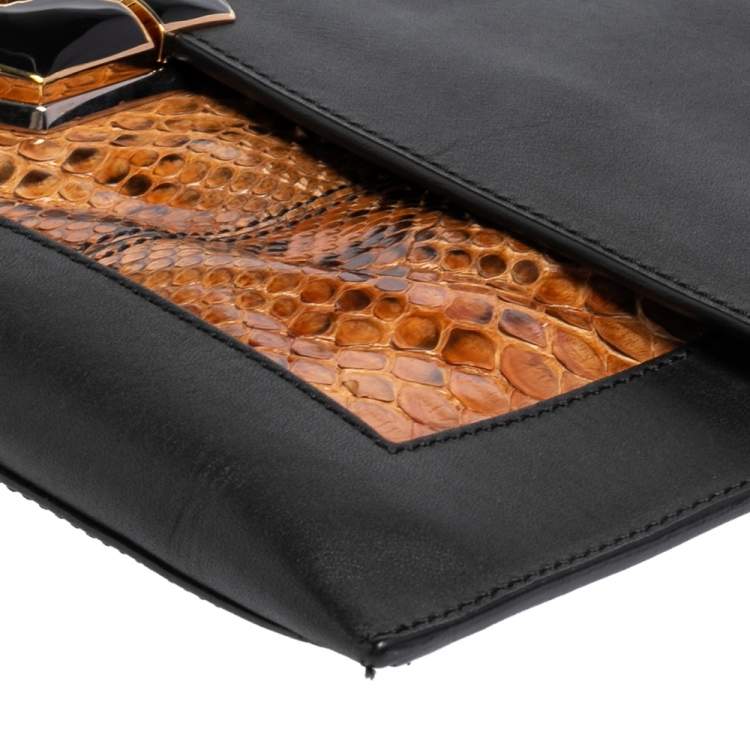 Pre Owned Balenciaga Black/Beige Leather and Python Flap Clutch