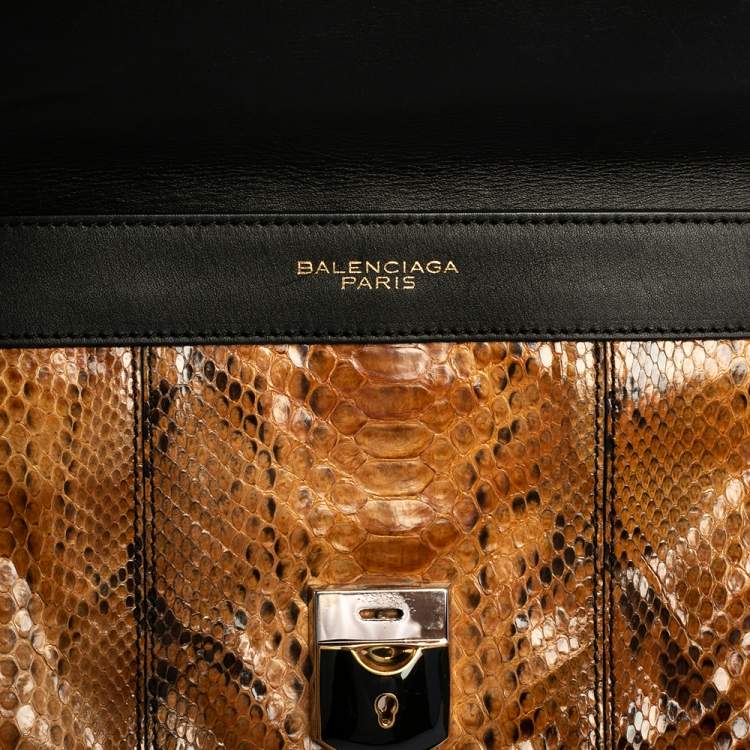 Pre Owned Balenciaga Black/Beige Leather and Python Flap Clutch
