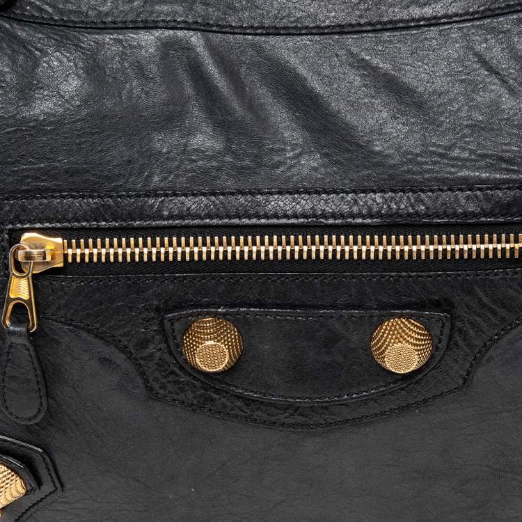 Pre Owned Balenciaga Black Leather Giant 21 Gold Hobo