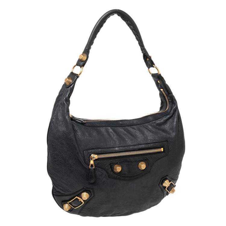 Pre Owned Balenciaga Black Leather Giant 21 Gold Hobo
