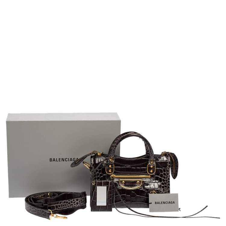 Pre Owned Balenciaga Black Croc Embossed Leather Mini Classic Metallic Edge City Tote