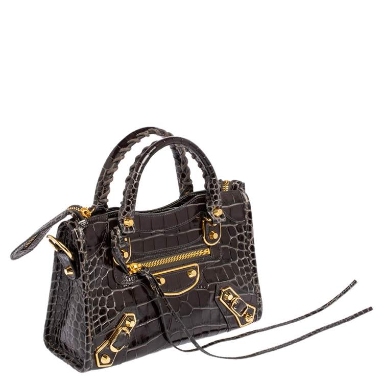 Pre Owned Balenciaga Black Croc Embossed Leather Mini Classic Metallic Edge City Tote